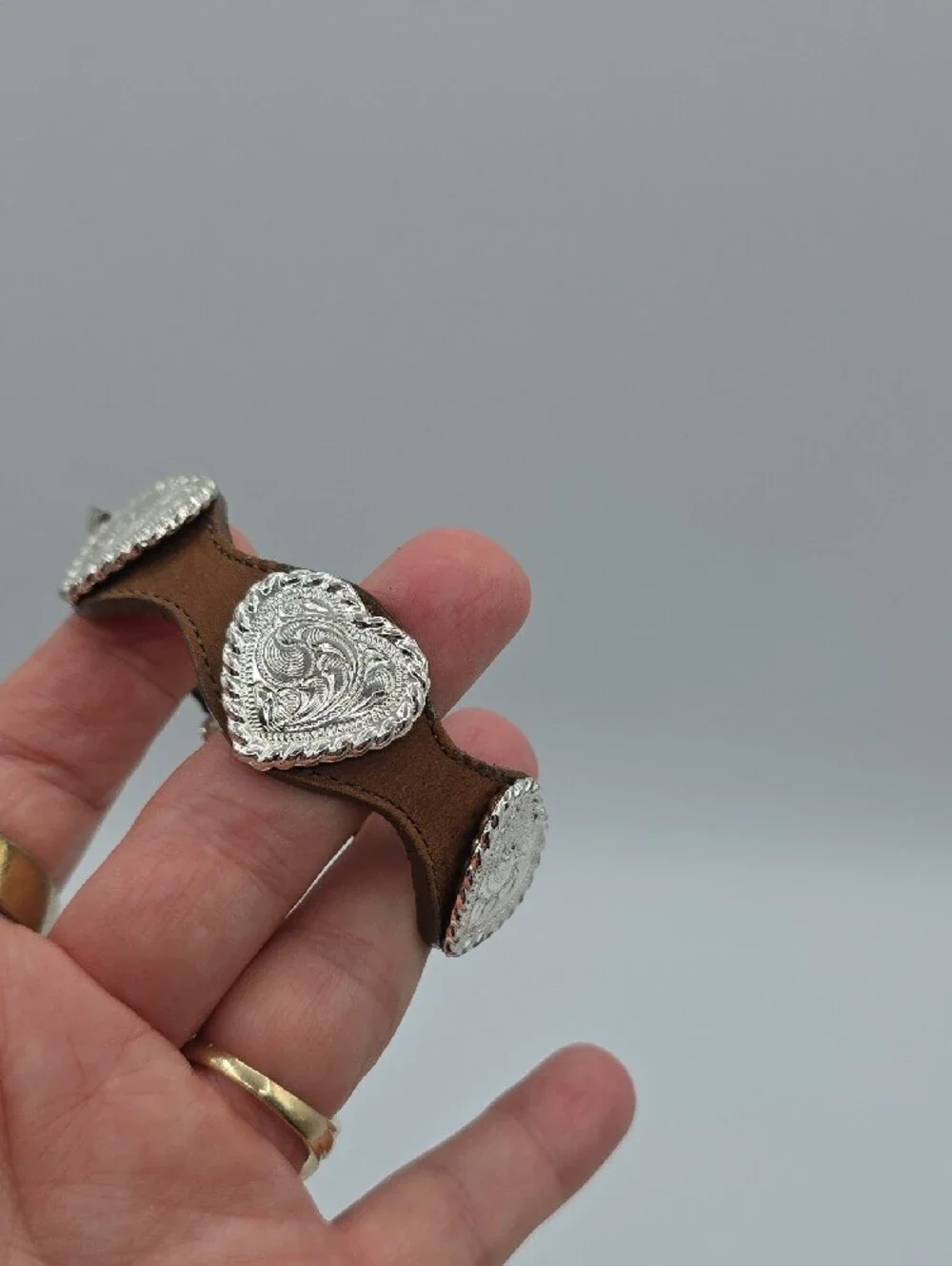 Brown Leather Bracelet with Silver Heart Conchos